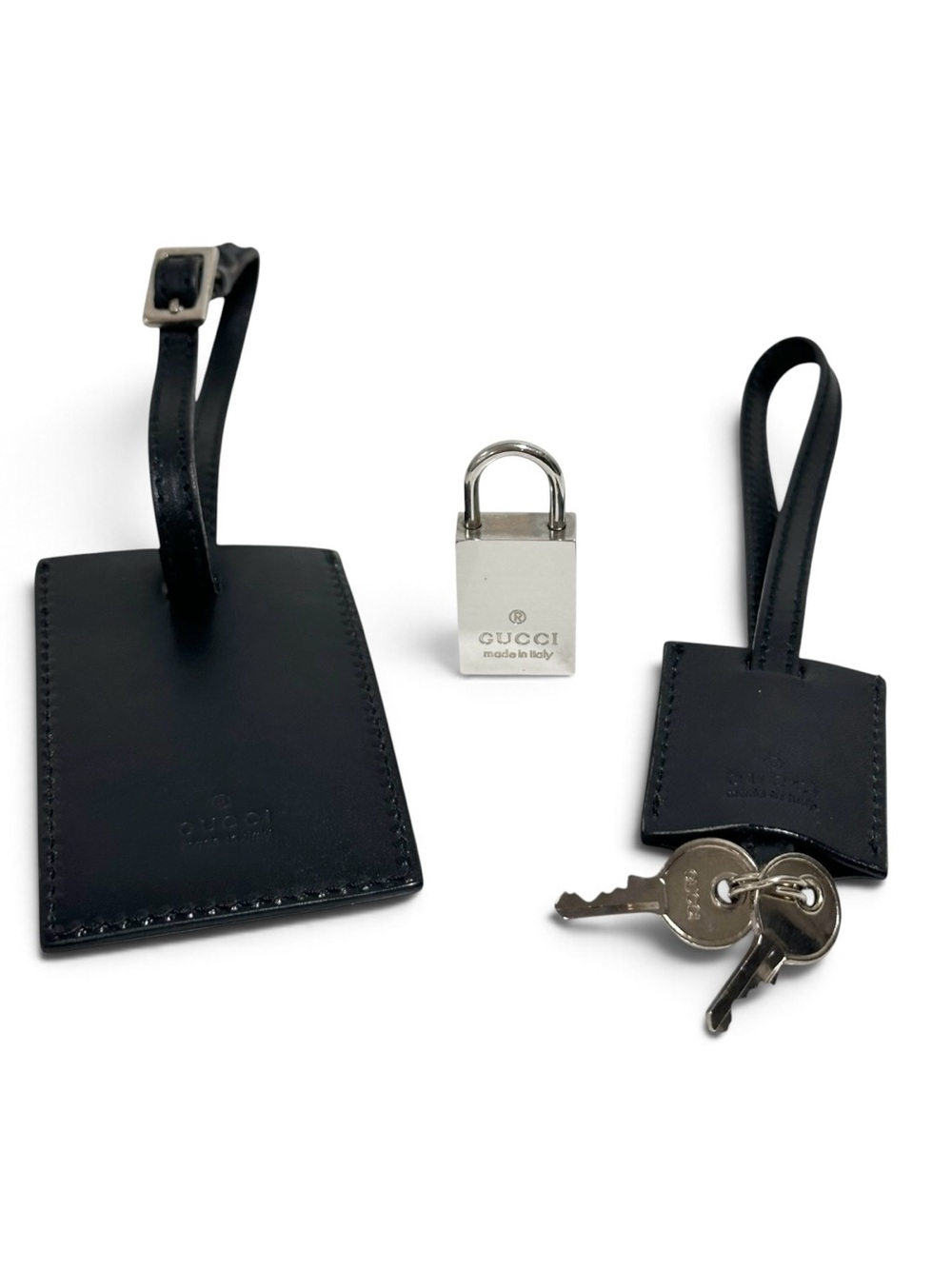 Gucci Black Leather & Silver Engraved Luggage Tag with Lock and Key Travel Set